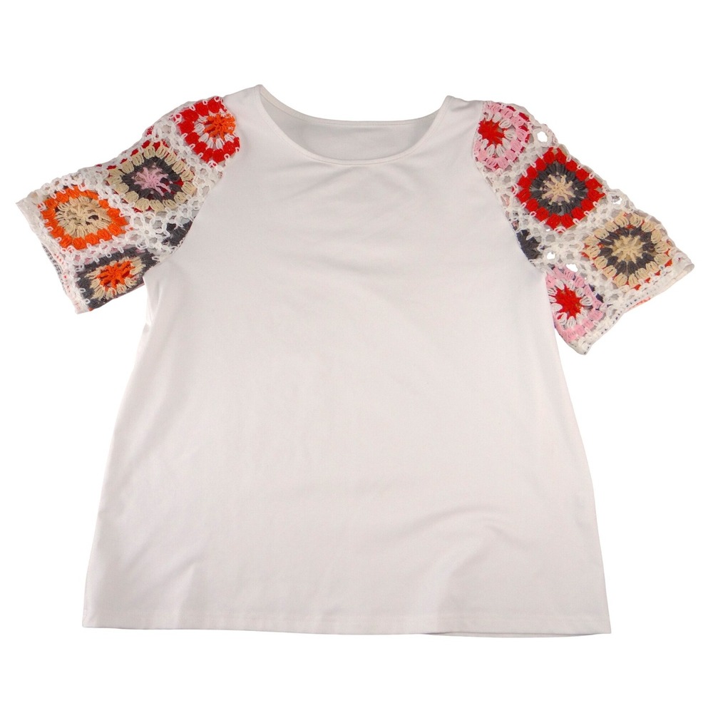 Unbranded White Crochet Granny Square Sleeve Top Womens Size M Short Sleeve Boho